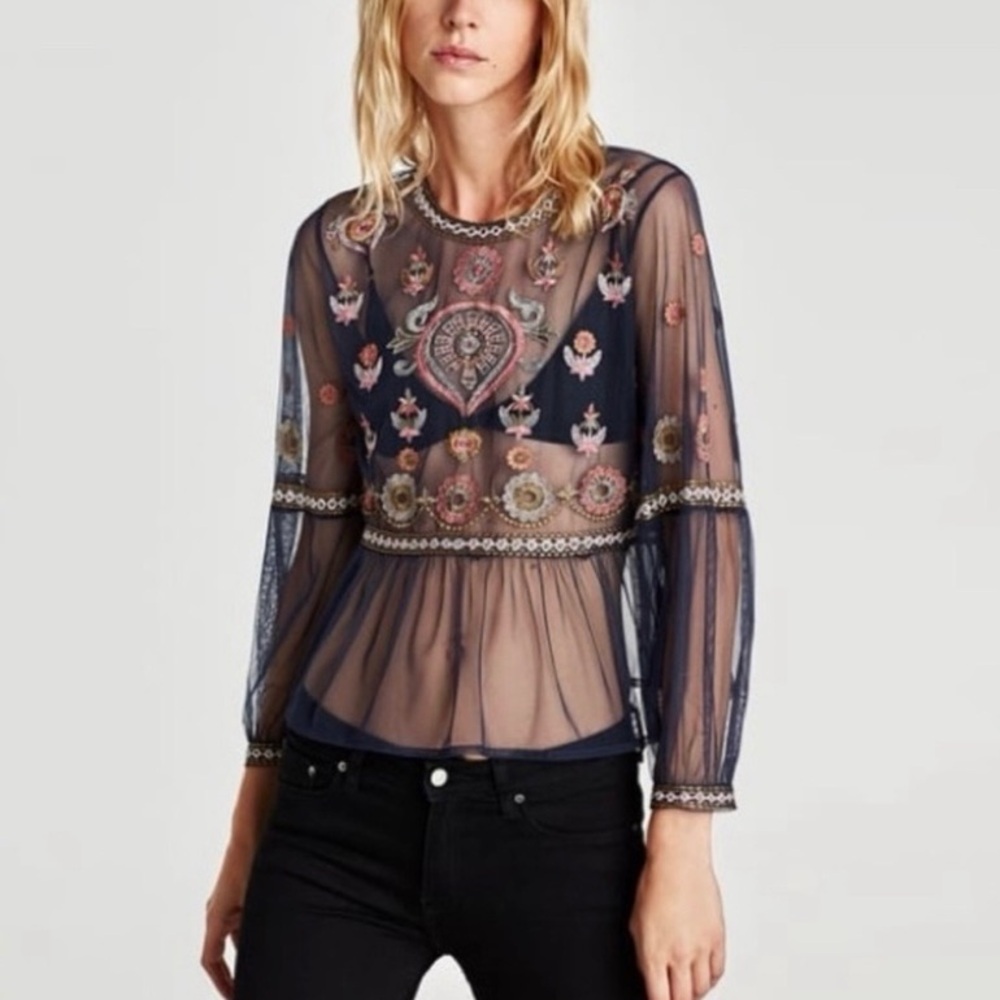 Zara floral embroidered mesh blouse navy